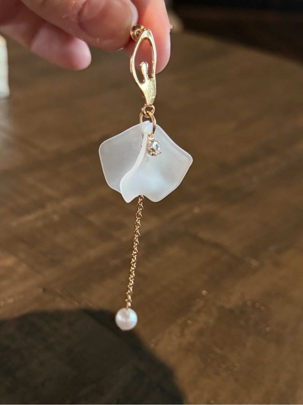 Gold-Tone White Petal Ballerina Drop Earring with Pearl Accent